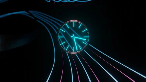 A blue luminous clock face with rotating hands flies in a dark endless tunnel of Video stock 247647099