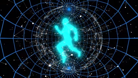 Blue luminous man rotating in world geometric space. Seamless loop. Stock Footage 247823874