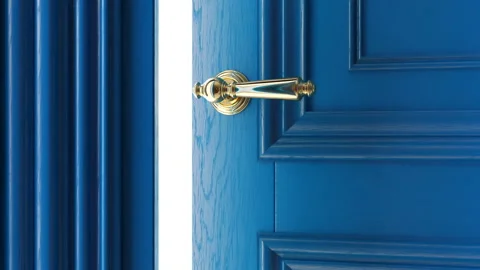 Blue luxury classic door opening to the bright light. Alpha matte included Stock Footage