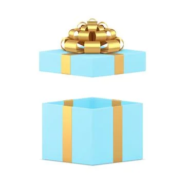 Blue luxury empty gift box with open cap and golden bow ribbon 3d icon real.. Stock Illustration
