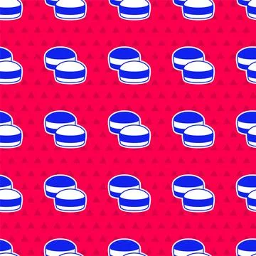 Blue Macaron cookie icon isolated seamless pattern on red background. Macar.. 스톡 일러스트