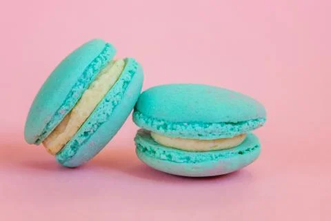 Blue macaron on pink background Stock Photos
