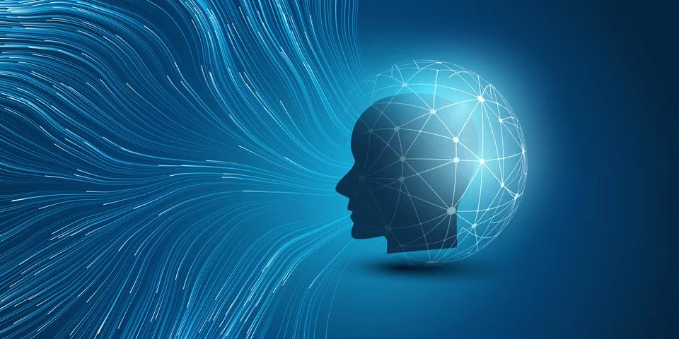 Blue Machine Learning, Artificial Intelligence, Cloud Computing and Network.. Stock Illustration