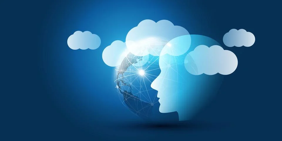 Blue Machine Learning, Artificial Intelligence, Cloud Computing and Global .. Stock Illustration
