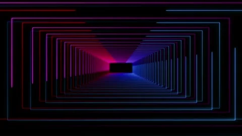 Blue magenta cyber corridor visual stacked neon frames, dark center depth, and f Stock Footage 340557657