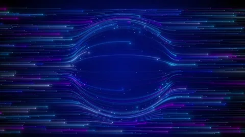 Blue magenta digital line background flowing data streams, glowing dots, curved Stock Footage 340402156