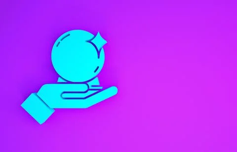Blue Magic ball on hand icon isolated on purple background. Crystal ball. Min Stock Illustration