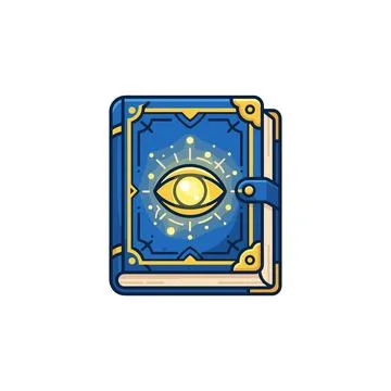 A blue magic book with a golden eye symbol and glowing particles, isolated on Stock Illustration