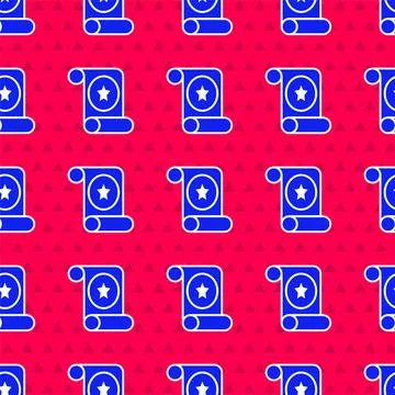 Blue Magic scroll icon isolated seamless pattern on red background. Decree Stock Illustration