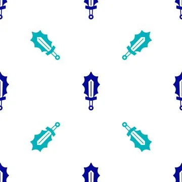 Blue Magic sword in fire icon isolated seamless pattern on white background Illustrazione stock
