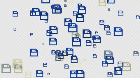 Blue magnetic floppy disc icon looping up on yellow background. Retro computer Stock Footage 238936897