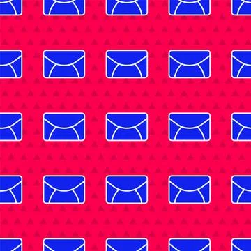 Blue Mail and e-mail icon isolated seamless pattern on red background. Envelope 스톡 일러스트