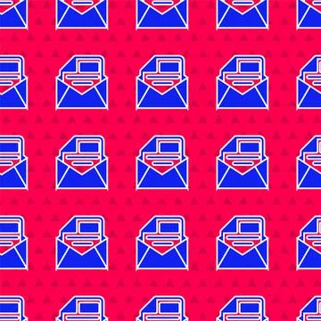 Blue Mail and e-mail icon isolated seamless pattern on red background. Envelope Stock Illustration