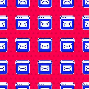 Blue Mail and e-mail icon isolated seamless pattern on red background. Envelope Stock Illustration