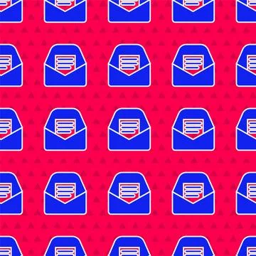 Blue Mail and e-mail icon isolated seamless pattern on red background. Envelope 스톡 일러스트
