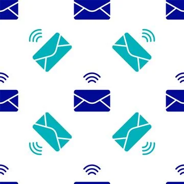 Blue Mail and e-mail icon isolated seamless pattern on white background. En.. Stock Illustration