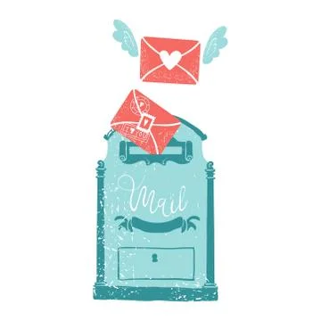 Blue mailbox. Envelope with wings and hearts, love postcard with letters Stock Illustration