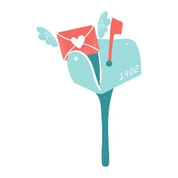 Blue mailbox. Envelope with wings and hearts, love postcard with letters Stock Illustration