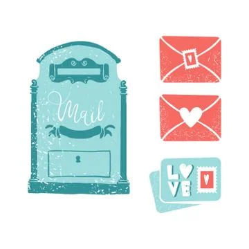 Blue mailbox. Envelope with wings and hearts, love postcard with letters Stock Illustration