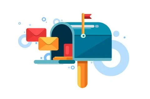 Blue mailbox with red flag and letters inside. Stock Illustration
