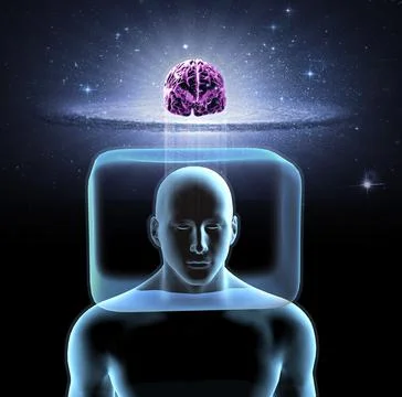 Blue man with head inside cage an brain outside in clouds Illustrazione stock