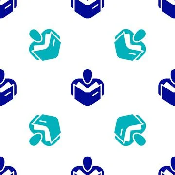 Blue Man reading book icon isolated seamless pattern on white background. Vector Stock Illustration