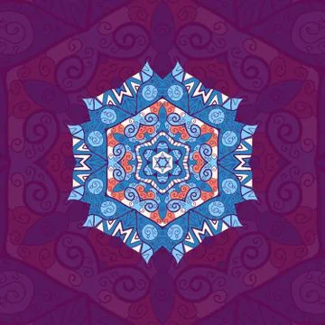 Blue mandala. Oriental design over violet background Illustrazione stock