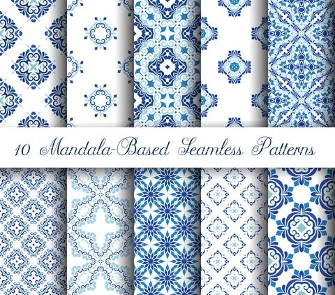 Blue mandala vector patterns. A set of seamless oriental ornaments イラスト素材