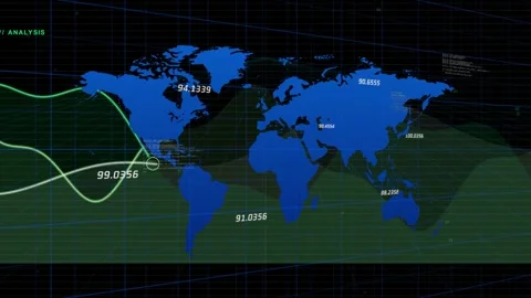 Blue map appearing, green waveform rising, bright line entering with cursor, Stockbeeldmateriaal 334768652