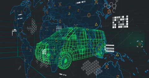 Blue map appearing green wireframe van getting data, hex pulsing, nodes linking Video stock 329930062