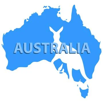 Blue Map of Australia with White Kangaroo Silhouette Symbol and Text Vector. Stock Illustration