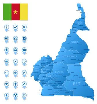 Blue map of Cameroon administrative divisions with travel infographic icons. Stock Illustration