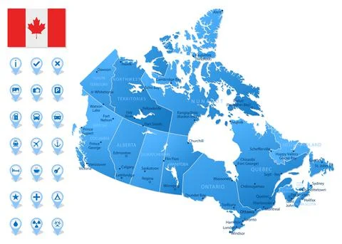 Blue map of Canada administrative divisions with travel infographic icons. Stock Illustration
