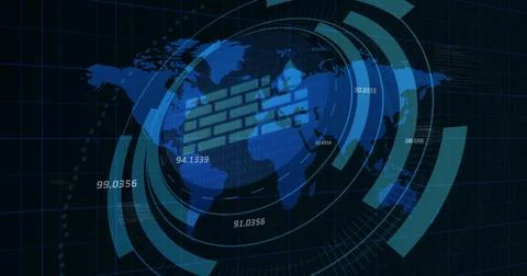Blue map initiating security scan, HUD rings rotating over labels, firewall icon Stock Illustration