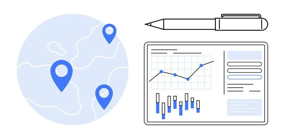 Blue map markers and analytic graphs display global data trends, accompanie.. Illustrazione stock