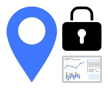 Blue map pin, black lock icon, and data analysis chart with graphs symbolize  Stock Illustration