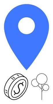 Blue map pin with a coin and tree icon below. Ideal for location services, fi Stock Illustration
