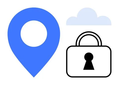 Blue map pin, grey cloud, and lock icon representing secure location servic.. Stock Illustration
