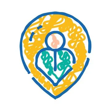 Blue map pin holding hand drawn person Stock Illustration