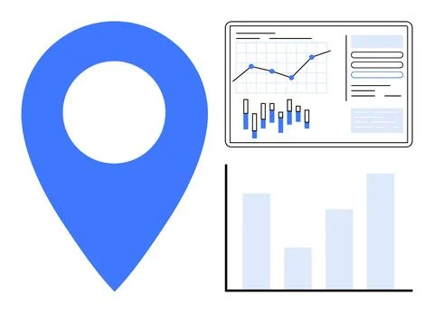 Blue map pin icon accompanied by a data dashboard with charts and graphs indi Illustrazione stock