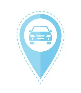Blue map pin icon with car inside and dotted line around Stock Illustration