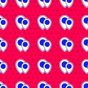 Blue Map pin icon isolated seamless pattern on red background. Navigation Stock Illustration