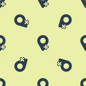Blue Map pin icon isolated seamless pattern on yellow background. Navigation Illustrazione stock