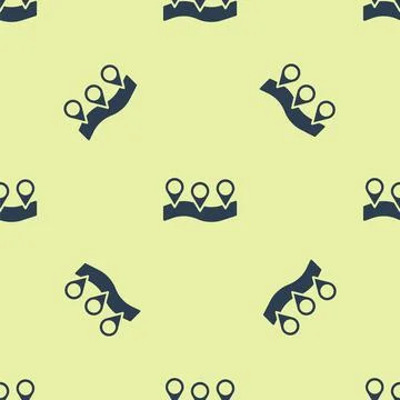 Blue Map pin icon isolated seamless pattern on yellow background. Navigation Illustrazione stock
