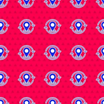Blue Map pin icon isolated seamless pattern on red background. Navigation Illustrazione stock