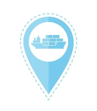 Blue map pin icon with ship inside and dotted line around Stock Illustration