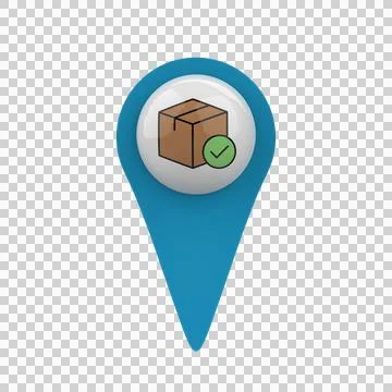 Blue Map Pin Package Delivered 3D Glossy Locator Icon Transparent Background Stock Illustration