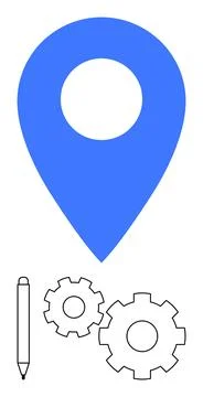 Blue Map Pin, Pen and Gear Wheels Representing Navigation, Creativity, and .. イラスト素材