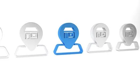 Blue Map pin with Shopping building or market store icon isolated on white .. Ilustración de archivo