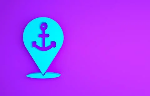 Blue Map pointer with anchor icon isolated on purple background. Minimalism c Stockillustratie